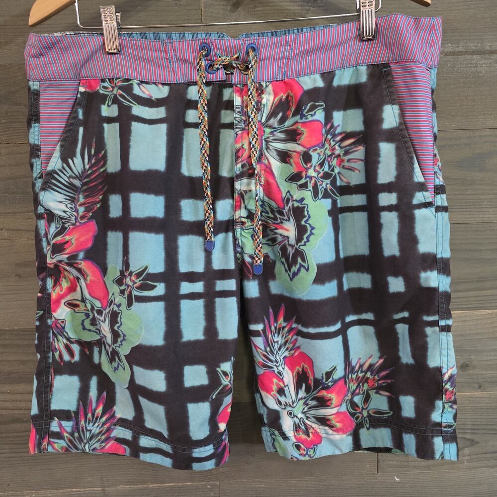 Robert Graham Men's Floral Plaid Board Shorts Swim Trunks Size 36 Lined Blue